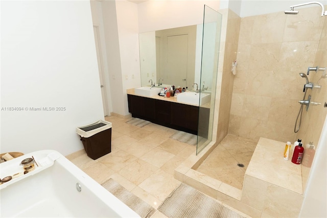 150 Sunny Isles Blvd Unit 1-Th403, Sunny Isles Beach, FL 33160 - bathroom featuring a freestanding tub, a walk in shower, double vanity, and tile patterned flooring
