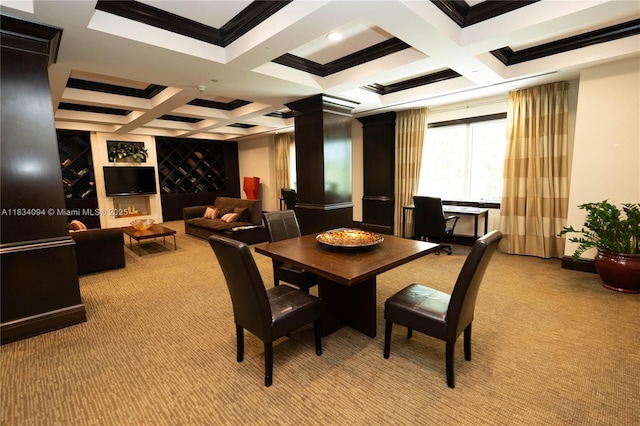 150 Sunny Isles Blvd Unit 1-Th403, Sunny Isles Beach, FL 33160 - dining area with coffered ceiling, light colored carpet, ornamental molding, and beamed ceiling