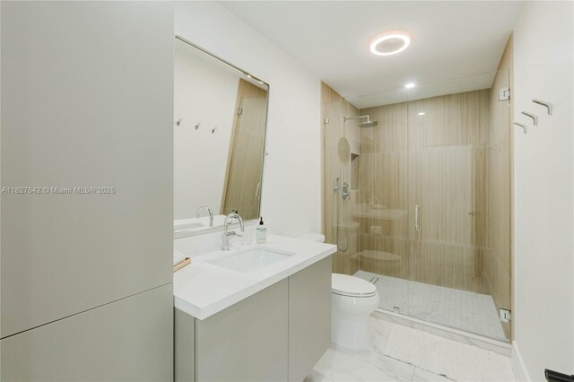 9471 SW 10th St, Miami, FL 33174 - full bathroom featuring vanity, a stall shower, marble finish flooring, and recessed lighting