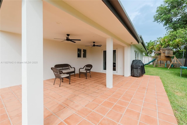 9471 SW 10th St, Miami, FL 33174 - view of patio / terrace with a playground, a ceiling fan, and a grill