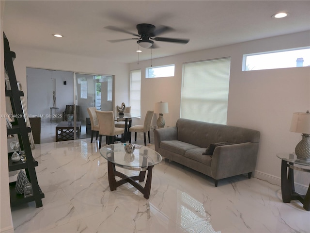 7771 NW 46th St, Lauderhill, FL 33351 - living room featuring ceiling fan, marble finish flooring, and recessed lighting
