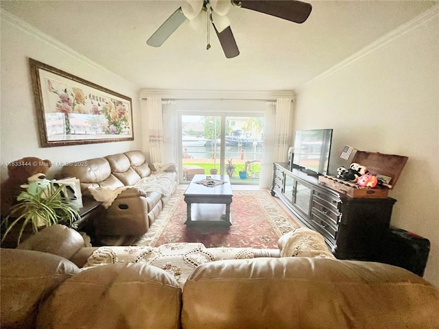2841 NE 33rd Ct Unit 104, Fort Lauderdale, FL 33306 - living room with ornamental molding and a ceiling fan