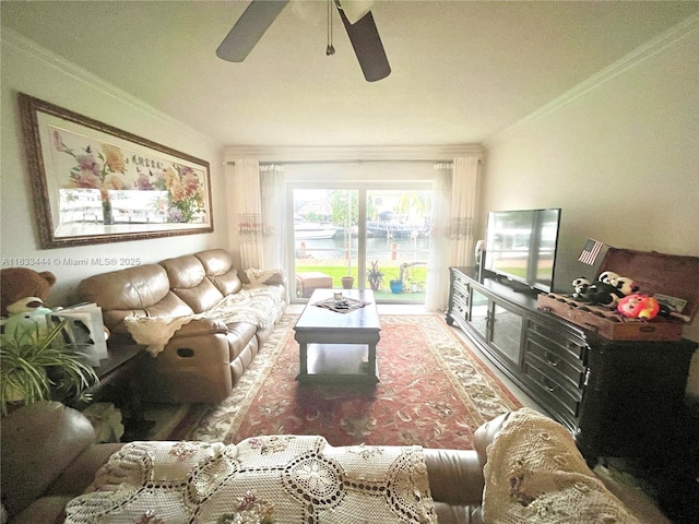 2841 NE 33rd Ct Unit 104, Fort Lauderdale, FL 33306 - living area with ornamental molding and a ceiling fan