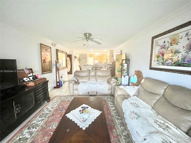 2841 NE 33rd Ct Unit 104, Fort Lauderdale, FL 33306 - living room featuring ornamental molding and ceiling fan