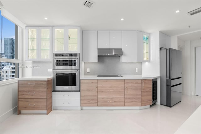 848 Brickell Key Dr Unit 2705, Miami, FL 33131 - kitchen with appliances with stainless steel finishes, under cabinet range hood, modern cabinets, white cabinets, and light countertops