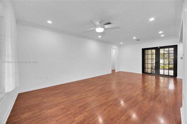 7804 SW 178th Ter, Palmetto Bay, FL 33157 - unfurnished room featuring crown molding, wood finished floors, recessed lighting, french doors, and a ceiling fan