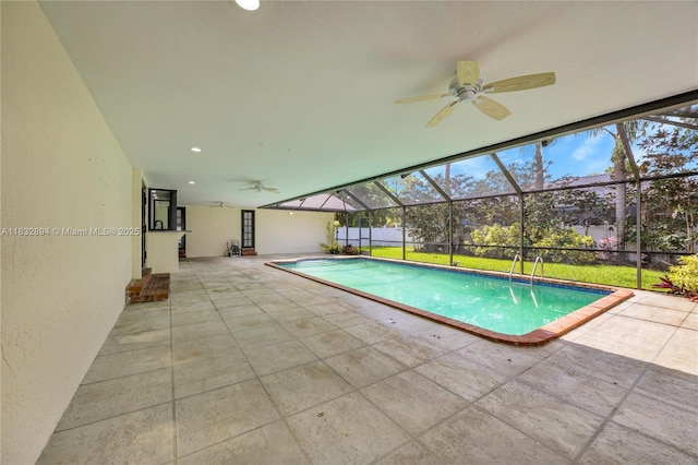 7804 SW 178th Ter, Palmetto Bay, FL 33157 - outdoor pool featuring a ceiling fan, a patio, and glass enclosure