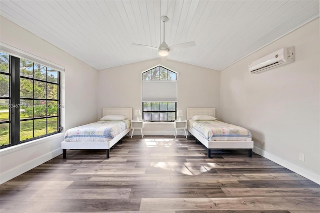7264 159th Ct N, Palm Beach Gardens, FL 33418 - bedroom with an AC wall unit, multiple windows, lofted ceiling, and wood finished floors