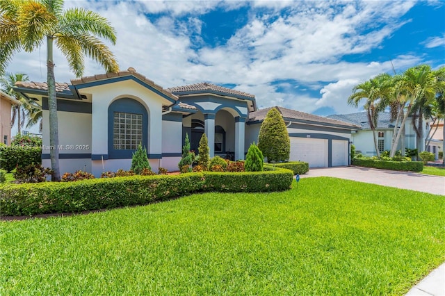18633 SW 24th St, Miramar, FL 33029 - mediterranean / spanish-style home with stucco siding, an attached garage, concrete driveway, a front lawn, and a tile roof