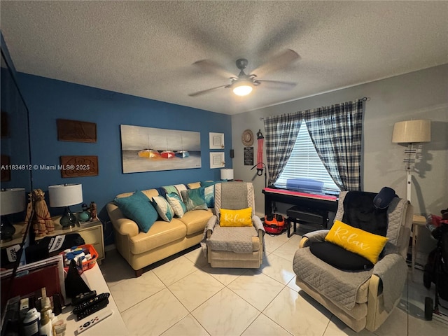 3910 Inverrary Blvd Unit 603-B, Lauderhill, FL 33319 - tiled living room featuring a ceiling fan and a textured ceiling