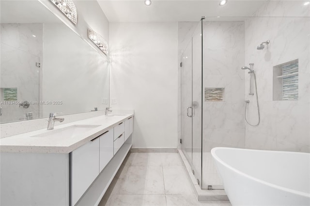 20218 NE 34th Ct Unit 52, Aventura, FL 33180 - full bathroom with a marble finish shower, double vanity, a freestanding bath, and recessed lighting