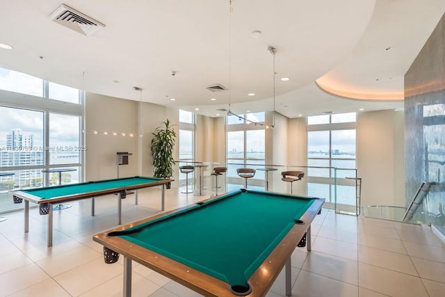 1900 N Bayshore Dr Unit 3804, Miami, FL 33132 - playroom with pool table, a wall of windows, recessed lighting, a city view, and light tile patterned floors