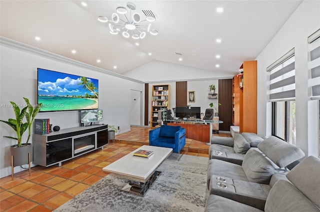 14040 SW 14th St, Davie, FL 33325 - living room featuring lofted ceiling, a desk, a chandelier, light tile patterned flooring, and recessed lighting