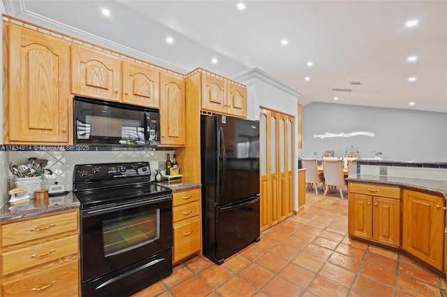 14040 SW 14th St, Davie, FL 33325 - kitchen with black appliances, tasteful backsplash, dark stone countertops, recessed lighting, and ornamental molding