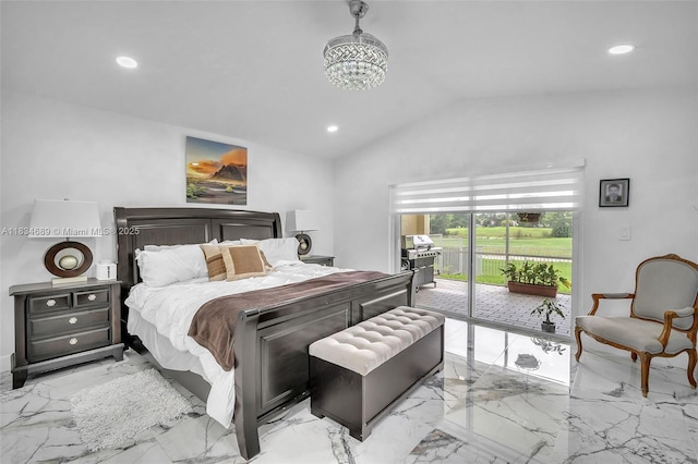 1211 E Wilshire Cir, Pembroke Pines, FL 33027 - bedroom with access to outside, light marble finish flooring, vaulted ceiling, a chandelier, and recessed lighting