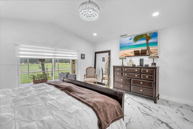 1211 E Wilshire Cir, Pembroke Pines, FL 33027 - bedroom with lofted ceiling, access to exterior, a chandelier, recessed lighting, and light marble finish flooring