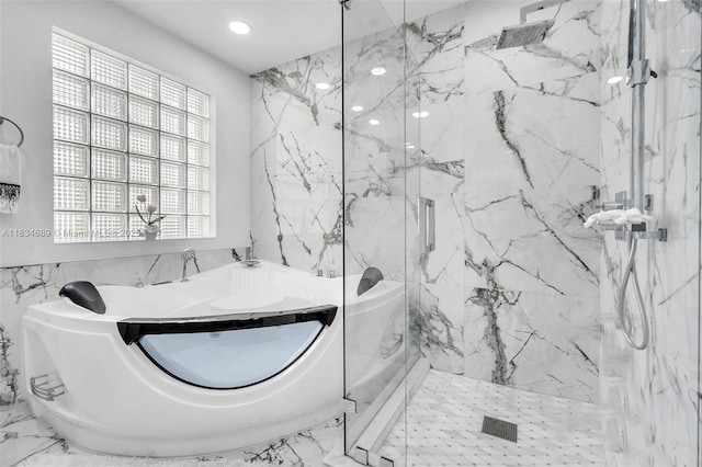 1211 E Wilshire Cir, Pembroke Pines, FL 33027 - full bathroom with tile walls, a marble finish shower, marble finish flooring, and a bath