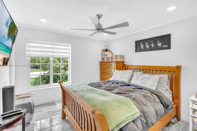 1211 E Wilshire Cir, Pembroke Pines, FL 33027 - bedroom featuring marble finish flooring, ornamental molding, recessed lighting, and ceiling fan