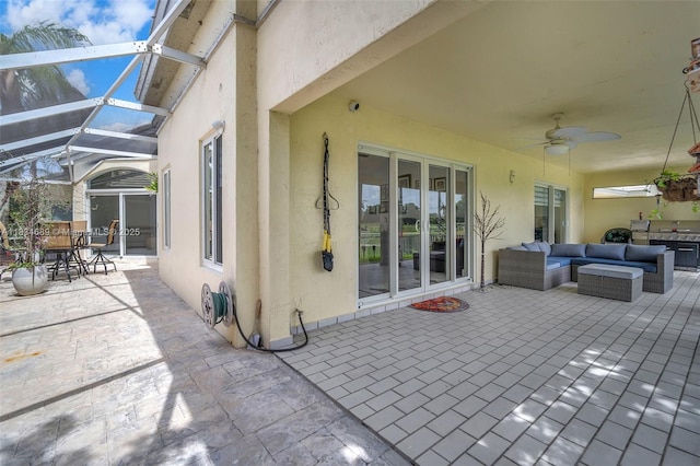 1211 E Wilshire Cir, Pembroke Pines, FL 33027 - view of patio / terrace with a ceiling fan, an outdoor living space, and glass enclosure