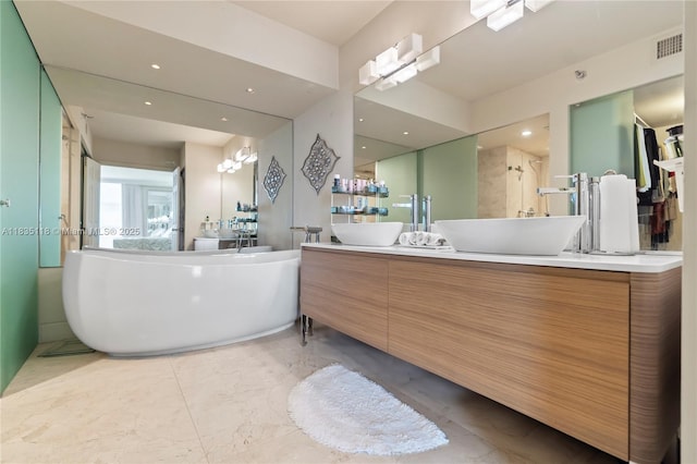 3530 Mystic Pointe Dr Unit 1714, Aventura, FL 33180 - full bath with a soaking tub, marble finish flooring, double vanity, a shower, and recessed lighting
