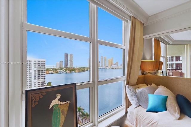 3530 Mystic Pointe Dr Unit 1714, Aventura, FL 33180 - sitting room featuring a water view, a view of city, crown molding, and healthy amount of natural light