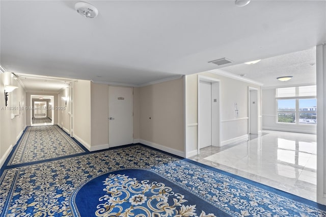 3530 Mystic Pointe Dr Unit 1714, Aventura, FL 33180 - hall featuring inlaid floor details, elevator, and ornamental molding