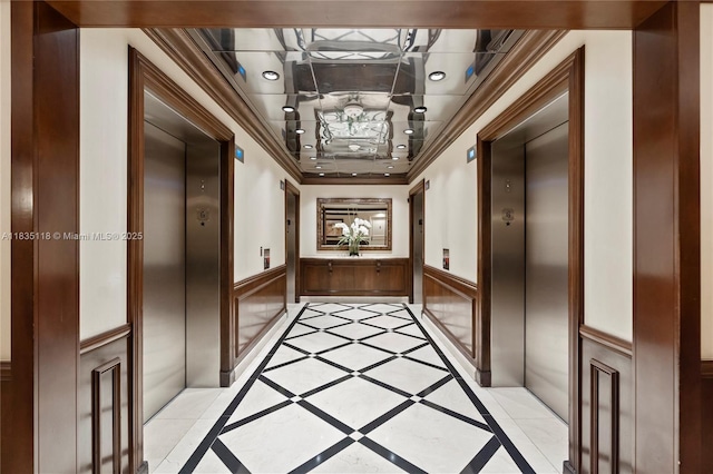 3530 Mystic Pointe Dr Unit 1714, Aventura, FL 33180 - hall with inlaid floor details, elevator, wainscoting, ornamental molding, and recessed lighting