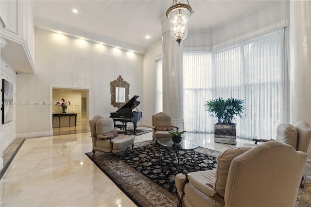 3530 Mystic Pointe Dr Unit 1714, Aventura, FL 33180 - living area featuring ornamental molding, marble tiled flooring, and recessed lighting