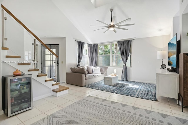 304 Andover Ct, Boynton Beach, FL 33436 - tiled living area featuring a ceiling fan, stairway, and lofted ceiling