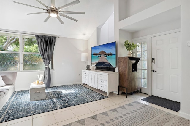 304 Andover Ct, Boynton Beach, FL 33436 - living area with a ceiling fan, light tile patterned flooring, and high vaulted ceiling
