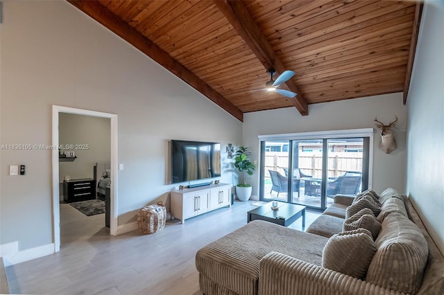 10391 Jasmine Ct, Pembroke Pines, FL 33026 - living area with a wood ceiling with exposed beams, light wood finished floors, ceiling fan, and high vaulted ceiling