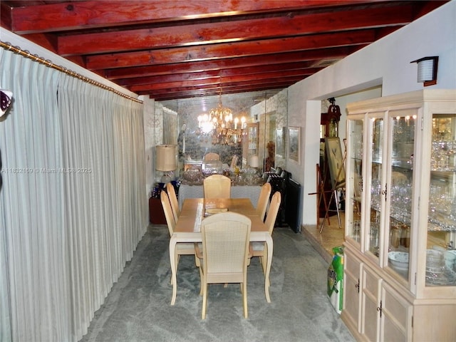 8225 SW 97th St, Miami, FL 33156 - carpeted dining space with a chandelier and beamed ceiling