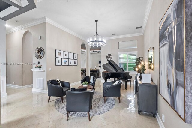 8346 SW 51st St, Davie, FL 33328 - living room featuring arched walkways, crown molding, a chandelier, and light tile patterned floors