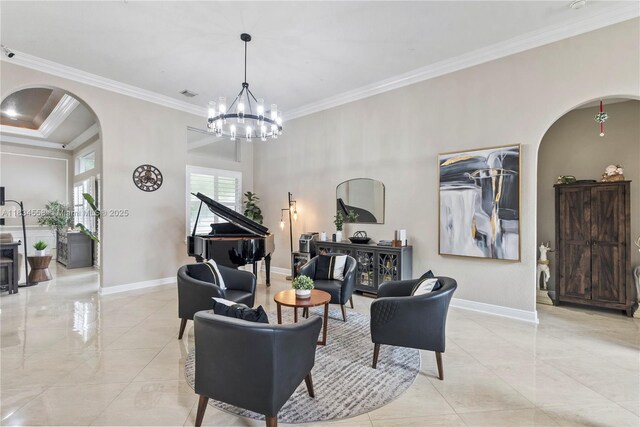 8346 SW 51st St, Davie, FL 33328 - living area with arched walkways, ornamental molding, light tile patterned flooring, and a chandelier