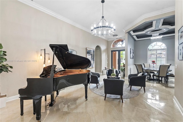 8346 SW 51st St, Davie, FL 33328 - living area with a chandelier, crown molding, and arched walkways