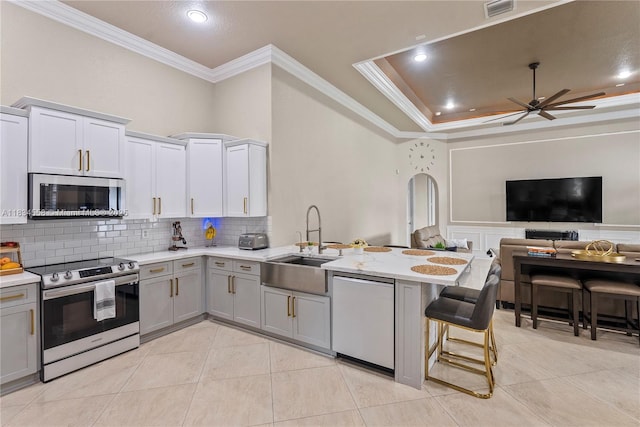 8346 SW 51st St, Davie, FL 33328 - kitchen featuring stainless steel appliances, gray cabinets, a peninsula, light countertops, and ornamental molding