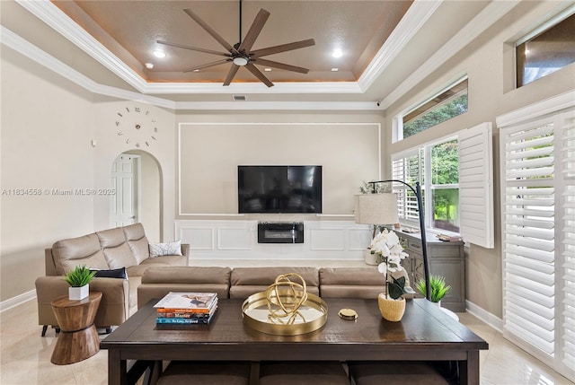 8346 SW 51st St, Davie, FL 33328 - living room featuring a tray ceiling, a ceiling fan, crown molding, light tile patterned flooring, and recessed lighting