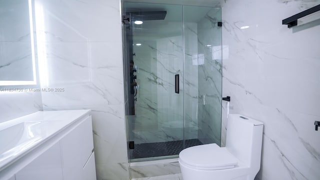 9601 Sunrise Lakes Blvd Unit 311, Sunrise, FL 33322 - bathroom with tile walls, vanity, a marble finish shower, and marble finish flooring