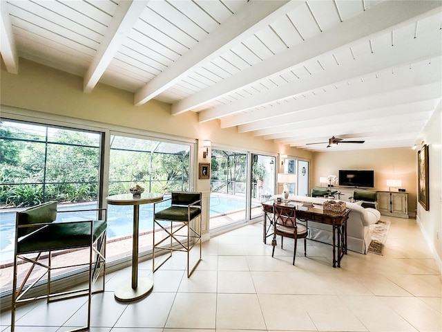 8225 SW 151st St, Palmetto Bay, FL 33158 - living room featuring a ceiling fan, light tile patterned floors, and a wood ceiling with exposed beams