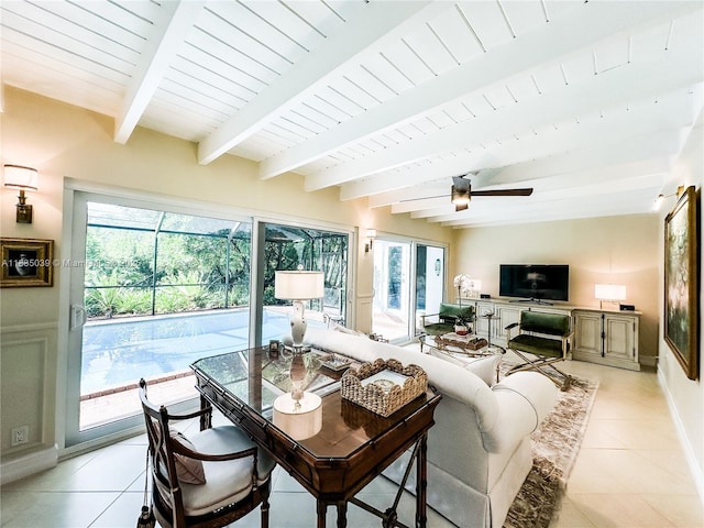 8225 SW 151st St, Palmetto Bay, FL 33158 - living area featuring ceiling fan, light tile patterned floors, and beamed ceiling