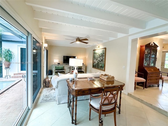 8225 SW 151st St, Palmetto Bay, FL 33158 - dining area with beam ceiling, light tile patterned flooring, and a ceiling fan