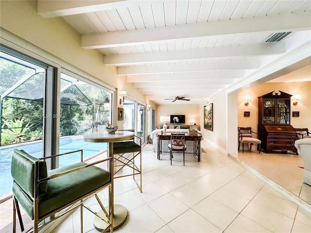 8225 SW 151st St, Palmetto Bay, FL 33158 - dining room with light tile patterned floors, ceiling fan, and a wood ceiling with exposed beams