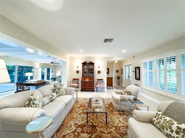 8225 SW 151st St, Palmetto Bay, FL 33158 - living area featuring light tile patterned flooring, recessed lighting, and a ceiling fan
