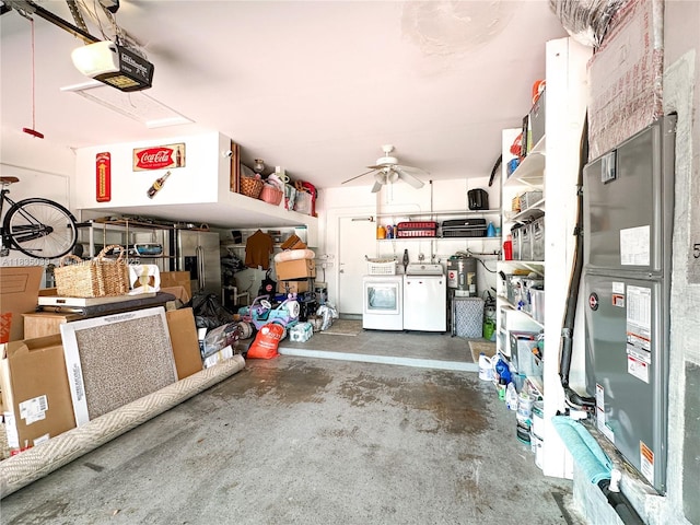 8225 SW 151st St, Palmetto Bay, FL 33158 - garage with a garage door opener, washer and dryer, ceiling fan, and stainless steel fridge