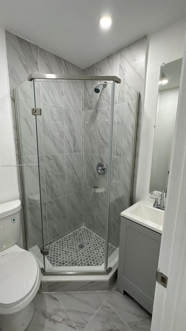 2251 NW 48th Ter Unit 214, Lauderhill, FL 33313 - full bathroom featuring marble finish floors, vanity, a shower stall, and recessed lighting