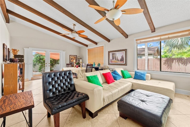 17130 SW 93rd Ave, Palmetto Bay, FL 33157 - living room featuring light tile patterned floors, ceiling fan, a textured ceiling, and french doors