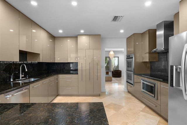 1231 96th St, Bay Harbor Islands, FL 33154 - kitchen featuring stainless steel appliances, modern cabinets, wall chimney range hood, decorative backsplash, and recessed lighting