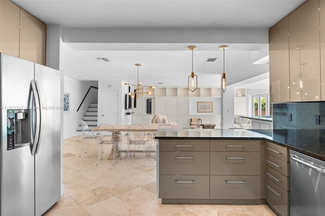 1231 96th St, Bay Harbor Islands, FL 33154 - kitchen with appliances with stainless steel finishes, gray cabinetry, decorative light fixtures, a peninsula, and a chandelier