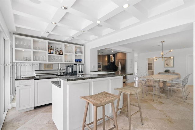 1231 96th St, Bay Harbor Islands, FL 33154 - kitchen featuring coffered ceiling, beamed ceiling, appliances with stainless steel finishes, open shelves, and a kitchen island