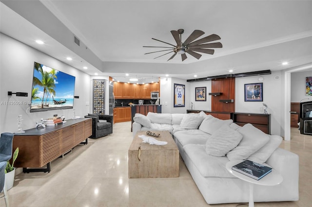 333 Las Olas Way Unit 405, Fort Lauderdale, FL 33301 - living room with a tray ceiling, recessed lighting, and a ceiling fan